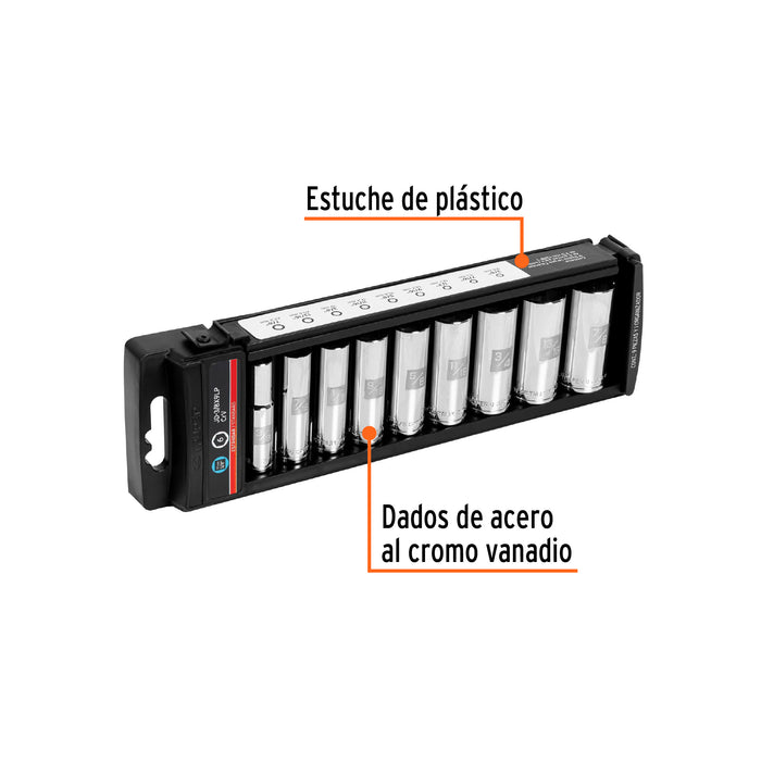 Juego de 9 dados largos cuadro 3/8' std, Truper Código: 14172