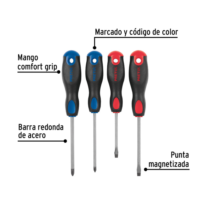 Juego de 4 desarmadores mango Comfort Grip, Pretul 20218 JD-4BP