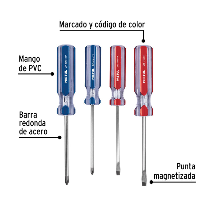 Juego de 4 desarmadores mango de PVC, Pretul 20212 JD-4TP