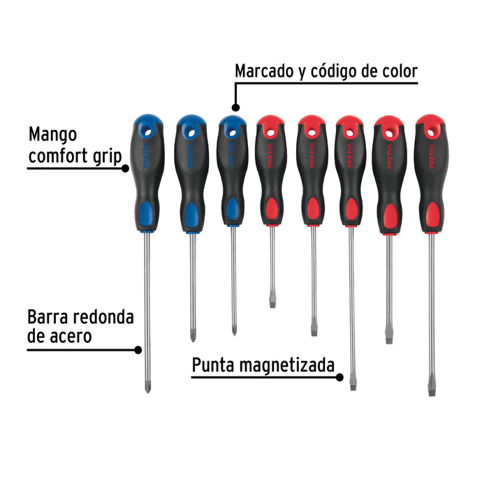 Juego de 8 desarmadores mango Comfort Grip, Pretul 20219 JD-8BP