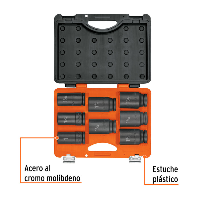 Juego de 8 dados largos cuadro 3/4' de impacto 6 puntas std Código: 100948