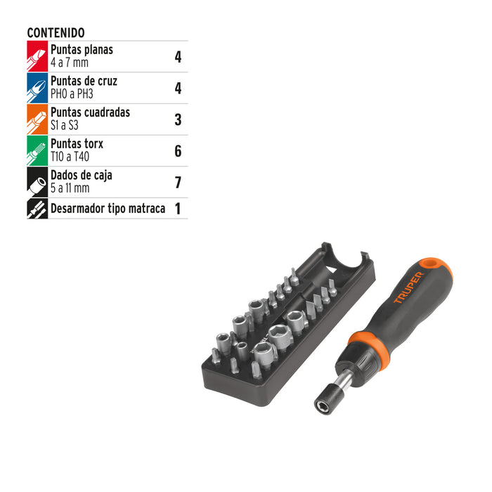 Desarmador tipo matraca con 17 puntas y 7 dados, Truper 18222 JDM-24