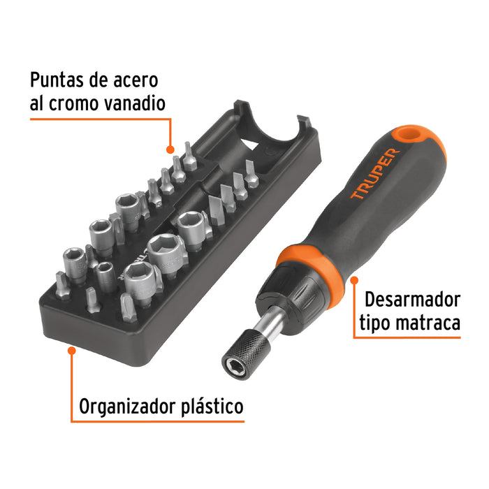 Desarmador tipo matraca con 17 puntas y 7 dados, Truper 18222 JDM-24