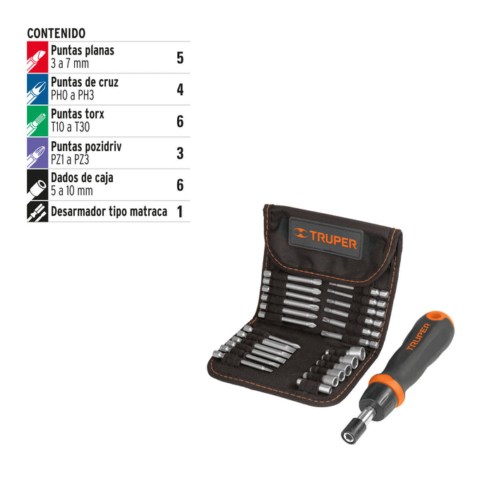 Desarmador tipo matraca con 18 puntas y 6 dados, Truper 18219 JDM-26