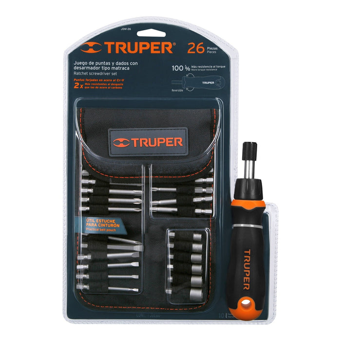 Desarmador tipo matraca con 18 puntas y 6 dados, Truper 18219 JDM-26