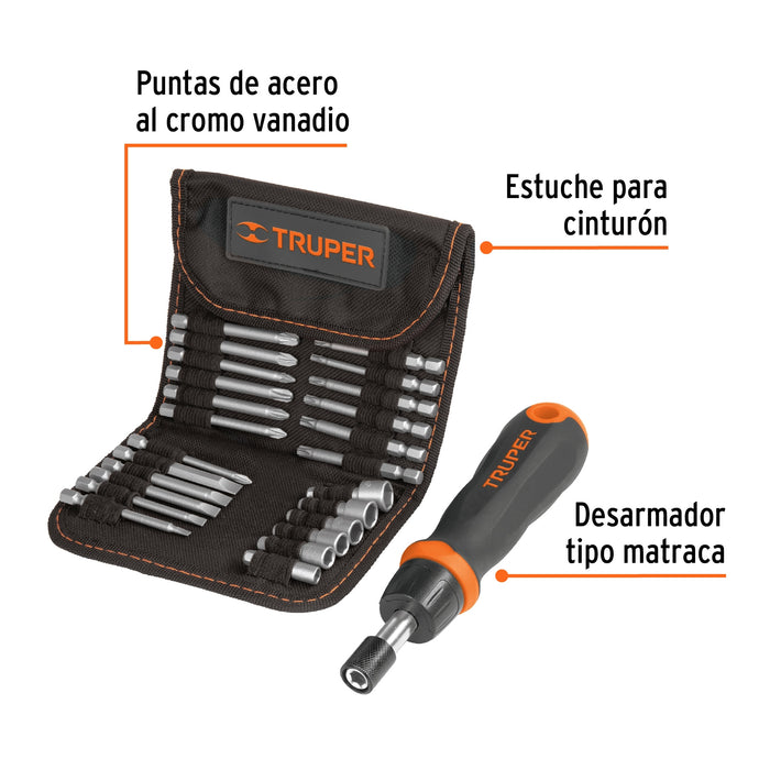 Desarmador tipo matraca con 18 puntas y 6 dados, Truper 18219 JDM-26