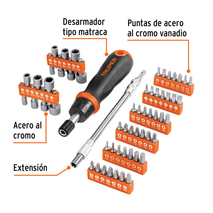 Desarmador tipo matraca con 42 puntas, 14 dados y extensión 18220 JDM-58