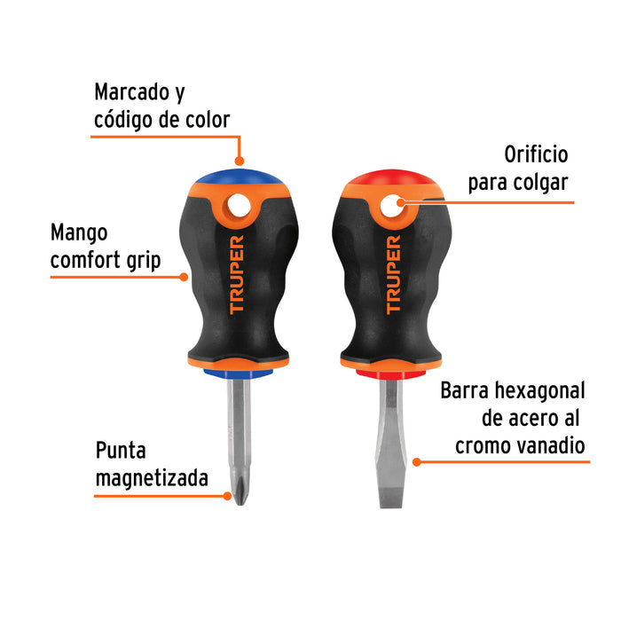 Dúo de desarmadores 1/4' x 1-1/2' mango Comfort Grip, Truper 19624 JDT-2B