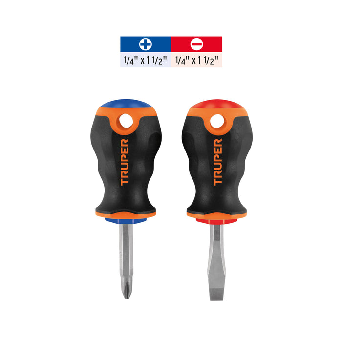 Dúo de desarmadores 1/4' x 1-1/2' mango Comfort Grip, Truper 19624 JDT-2B