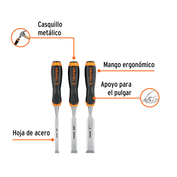 Juego de 3 formones mango Comfort Grip, Truper 17759 JFT-3
