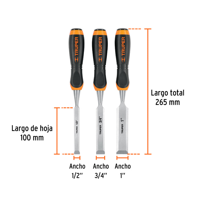 Juego de 3 formones mango Comfort Grip, Truper 17759 JFT-3