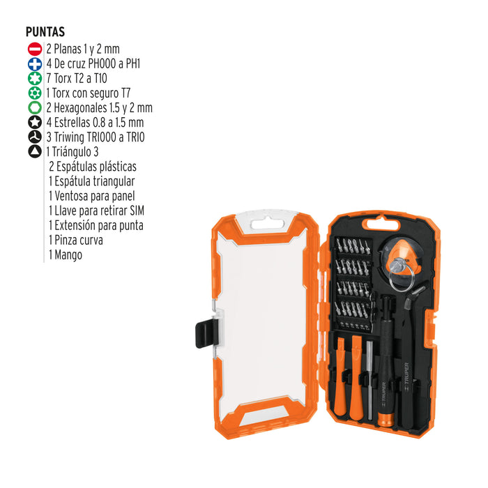 Juego de 32 piezas para reparación de electrónica, Truper 17762 JGO-TEL-32