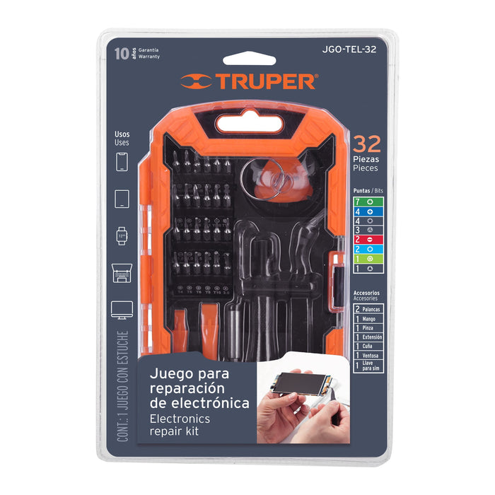 Juego de 32 piezas para reparación de electrónica, Truper 17762 JGO-TEL-32