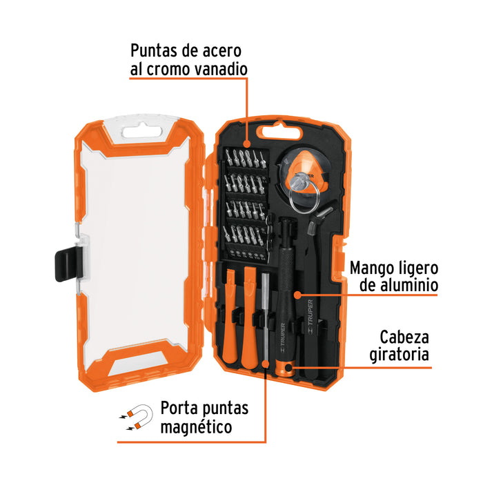 Juego de 32 piezas para reparación de electrónica, Truper 17762 JGO-TEL-32