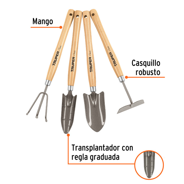 Juego de 4 herramientas de 15' para jardín, Truper 15040 JJ-4L