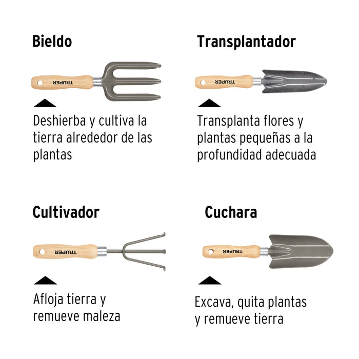 Juego de 4 herramientas, mangos de 6' para jardín, Truper 15030 JJ-4