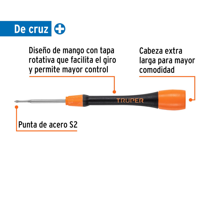 Desarmador de precisión de cruz PH0 mango ergonómico, Truper 100670 JOY-C0