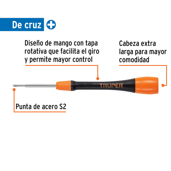 Desarmador de precisión de cruz PH0 mango ergonómico, Truper 100670 JOY-C0