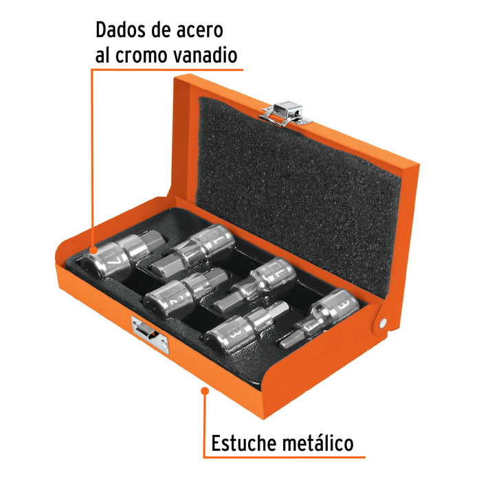 Juego de 6 dados cuadro 1/2' punta hex mm, estuche metálico Código: 13926
