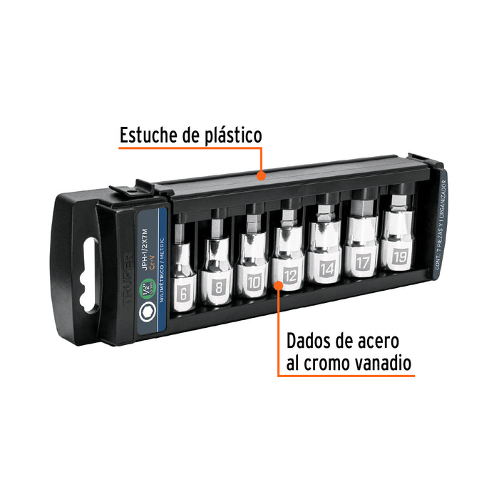 Juego de 7 dados cuadro 1/2' punta hexagonal mm, Truper Código: 102238