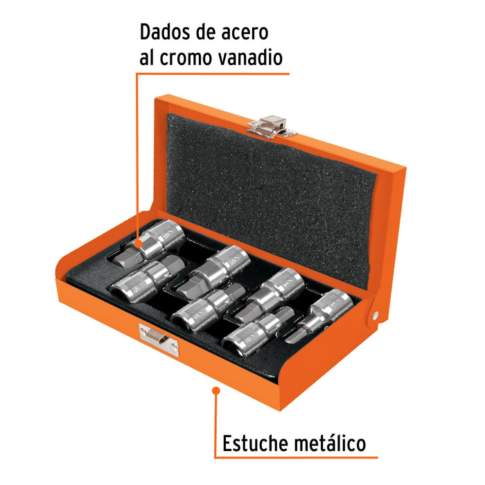 Juego de 7 dados cuadro 1/2' punta hex std, estuche metálico Código: 13929