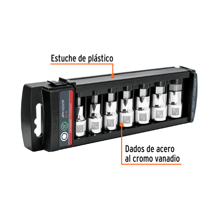 Juego de 7 dados cuadro 1/2' punta hexagonal std, Truper Código: 102239