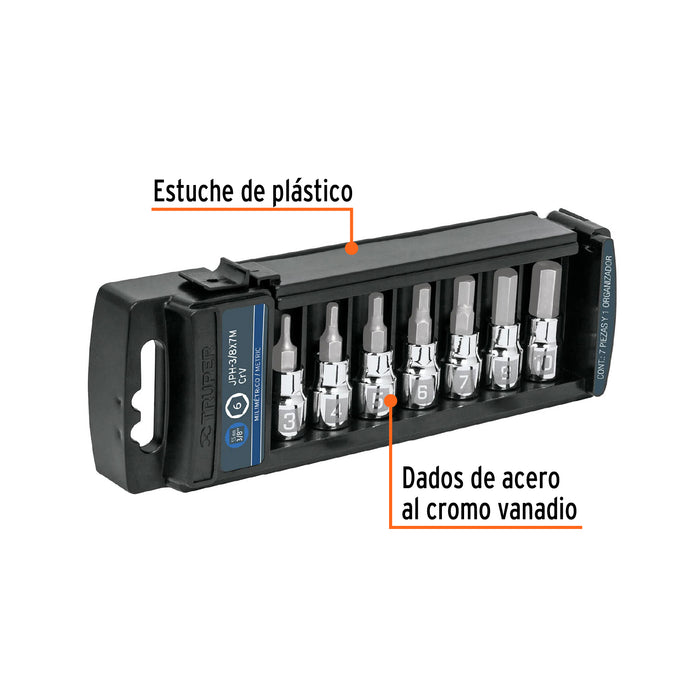Juego de 7 dados cuadro 3/8' punta hexagonal mm, Truper Código: 14170