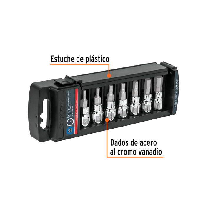 Juego de 7 dados punta hexagonal std, cuadro 3/8', Truper Código: 14169