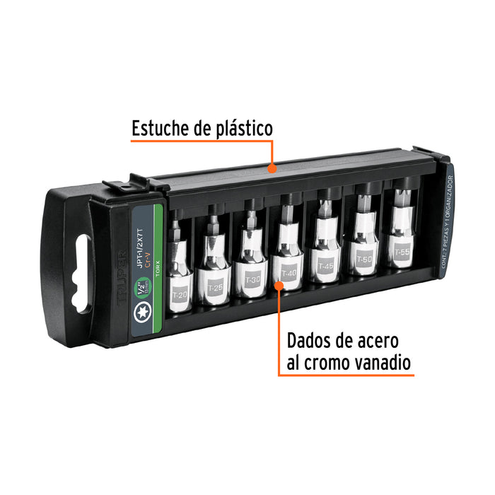Juego de 7 dados cuadro 1/2' punta torx, Truper Códig: 102237