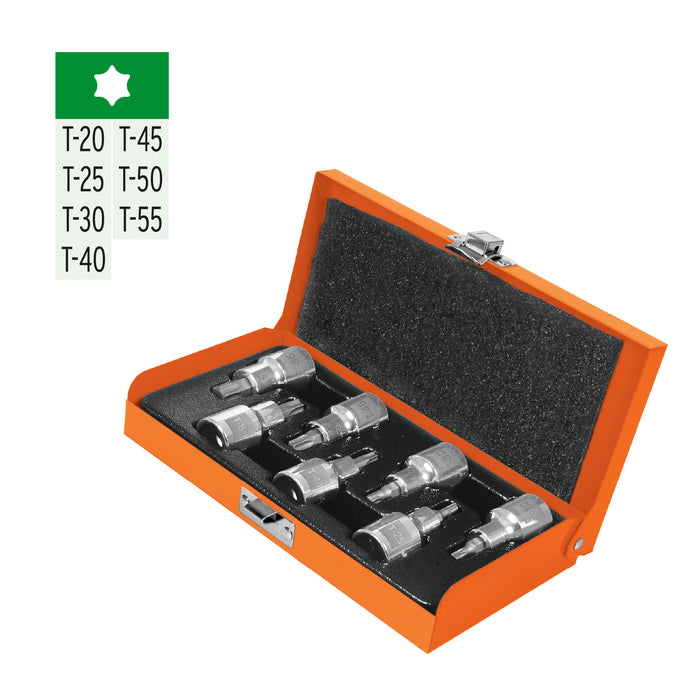 Juego de 7 dados cuadro 1/2' punta torx, estuche metálico Código: 13928