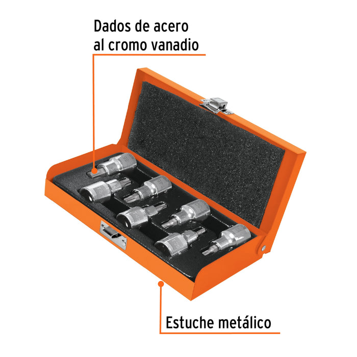 Juego de 7 dados cuadro 1/2' punta torx, estuche metálico Código: 13928