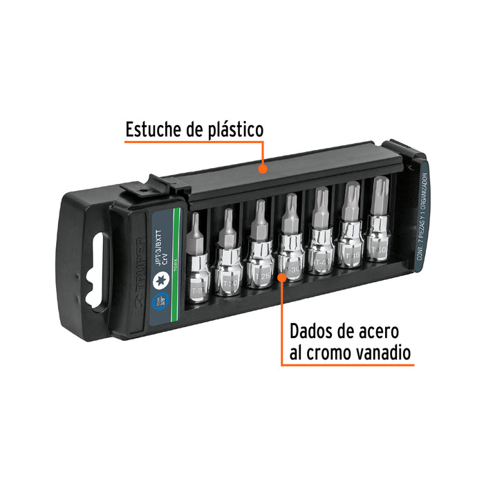 Juego de 7 dados cuadro 3/8' punta torx, Truper Código: 14171