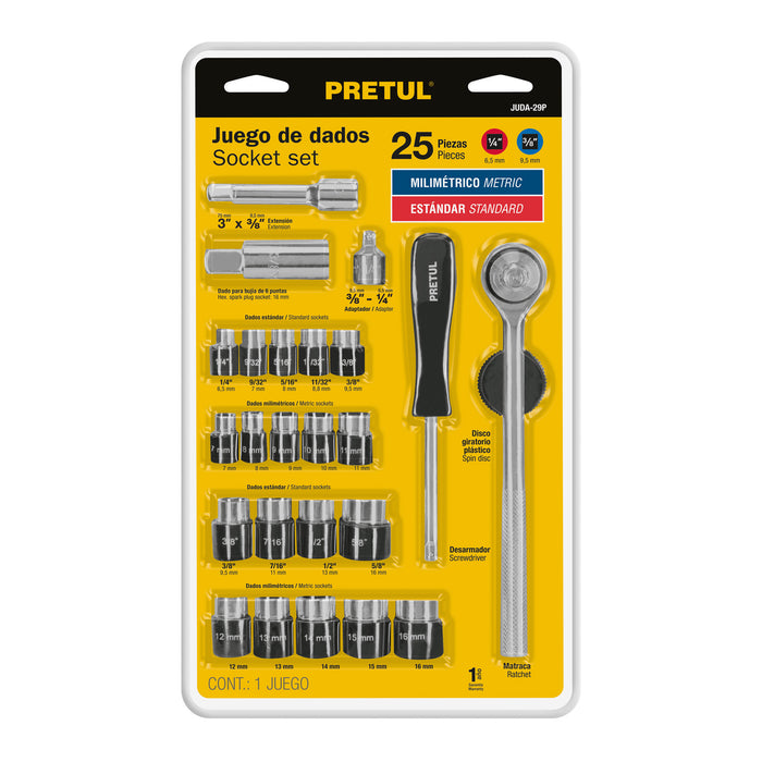 Juego de 25 herramientas 1/4' y 3/8' para mecánico, Pretul 23974 JUDA-29P
