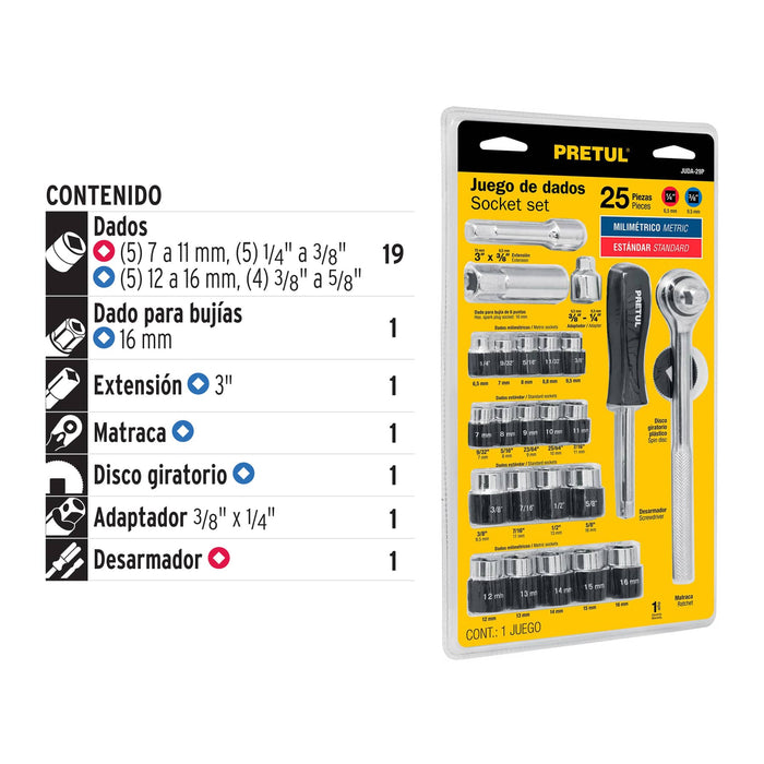 Juego de 25 herramientas 1/4' y 3/8' para mecánico, Pretul 23974 JUDA-29P