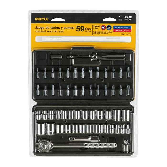 Juego de 60 herramientas 1/4' y 3/8' para mecánico, Pretul 26090 JUDA-60P
