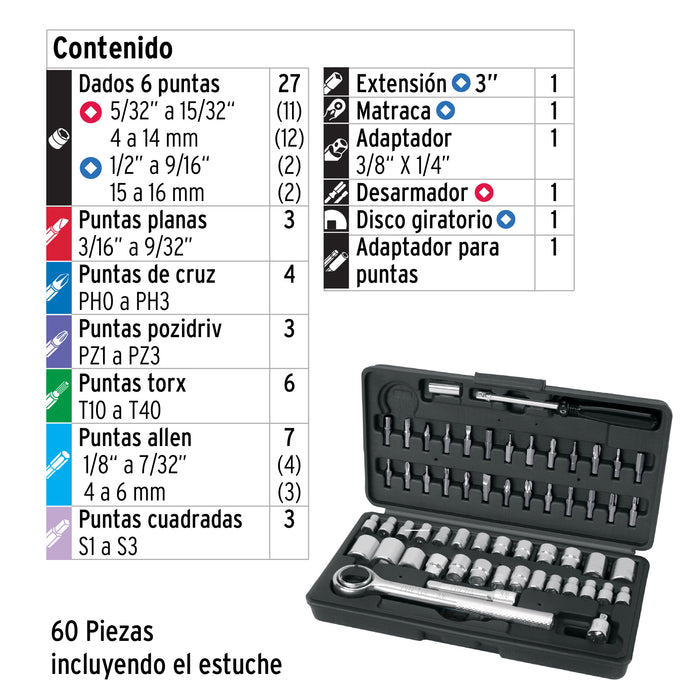 Juego de 60 herramientas 1/4' y 3/8' para mecánico, Pretul 26090 JUDA-60P
