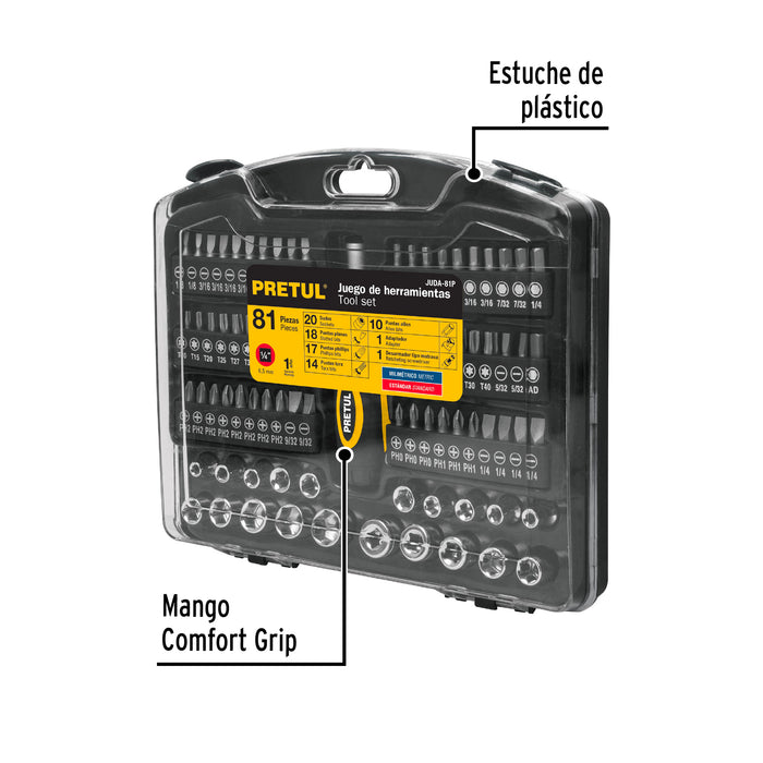 Juego de 81 herramientas 1/4' para mecánico, Pretul 23972 JUDA-81P