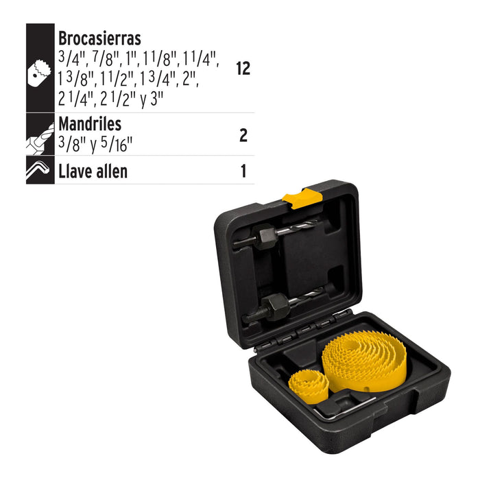Juego de 12 brocasierras, 2 mandriles y llave allen, Pretul 26037 KIT-14P