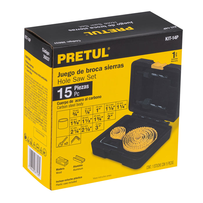 Juego de 12 brocasierras, 2 mandriles y llave allen, Pretul 26037 KIT-14P
