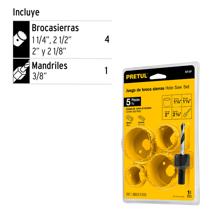 Juego de 4 brocasierras acero al carbono y 1 mandril, Pretul 23550 KIT-5P