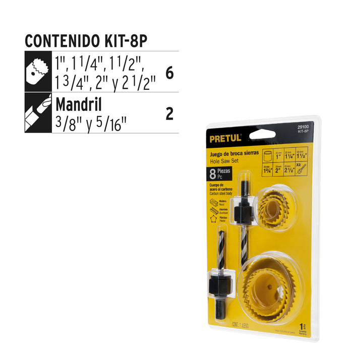Juego de 7 brocasierras acero al carbono y 1 mandril, Pretul 29100 KIT-8P