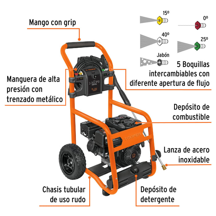 Hidrolavadora con motor a gasolina, 3,300 PSI, Truper 12909 LAGAS-3300