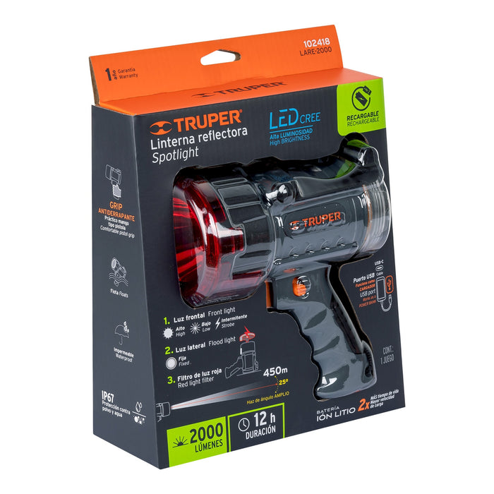 Lámpara de LED 2000 lm recargable alta potencia, Truper 102418 LARE-2000