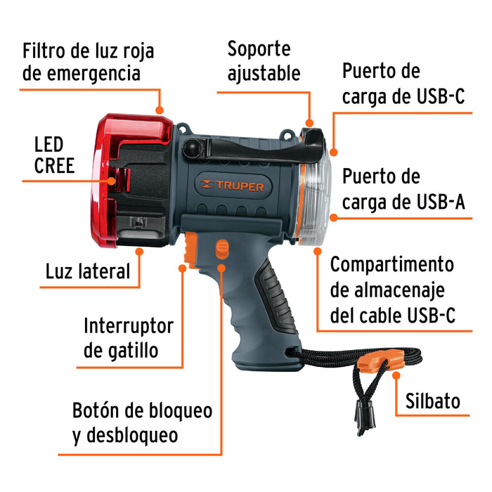 Lámpara de LED 2000 lm recargable alta potencia, Truper 102418 LARE-2000