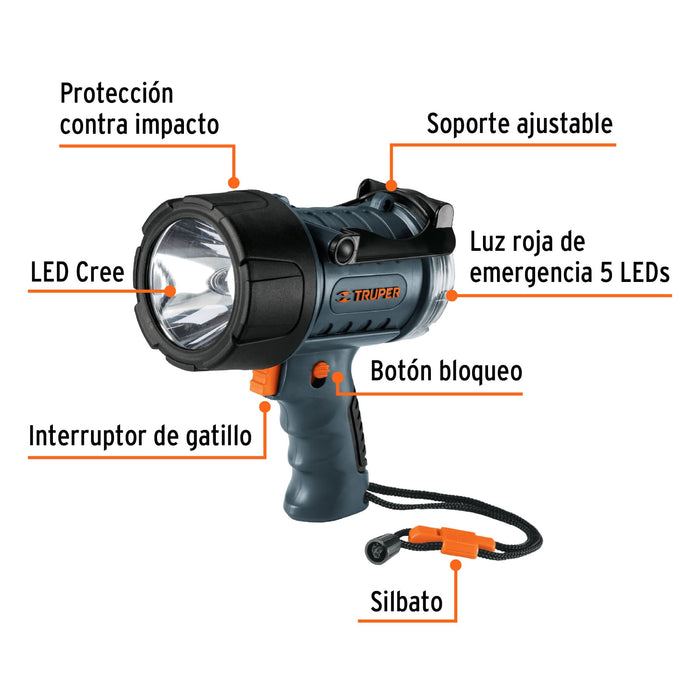 Lámpara recargable de LED 300 lm alta potencia, Truper 12983 LARE-300