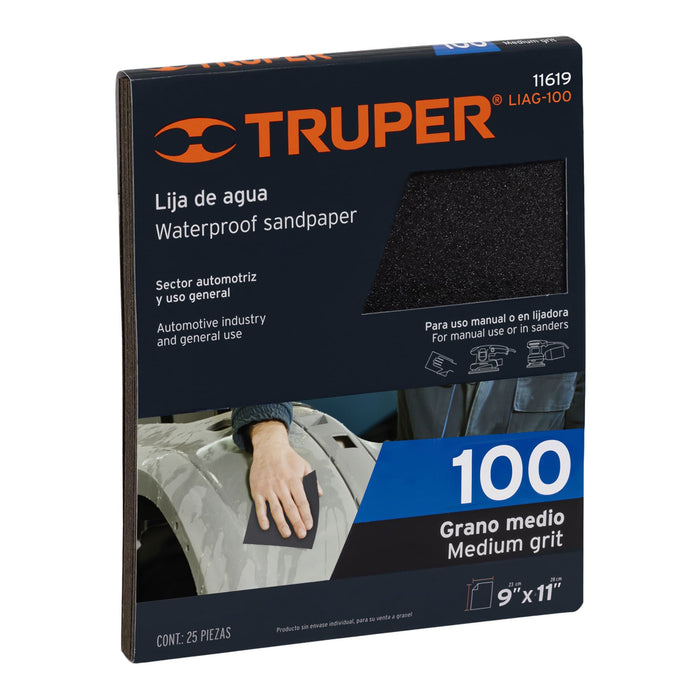 Lija de agua grano 100 de carburo de silicio, Truper 11619 LIAG-100