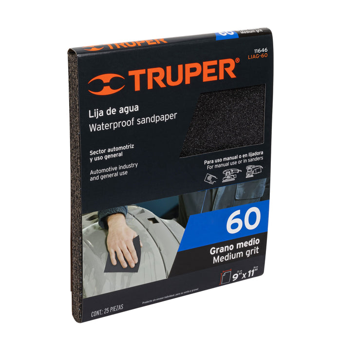 Lija de agua grano 60 de carburo de silicio, Truper 11646 LIAG-60
