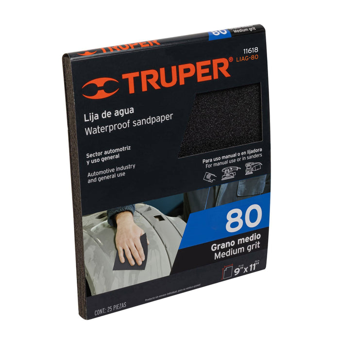 Lija de agua grano 80 de carburo de silicio, Truper 11618 LIAG-80