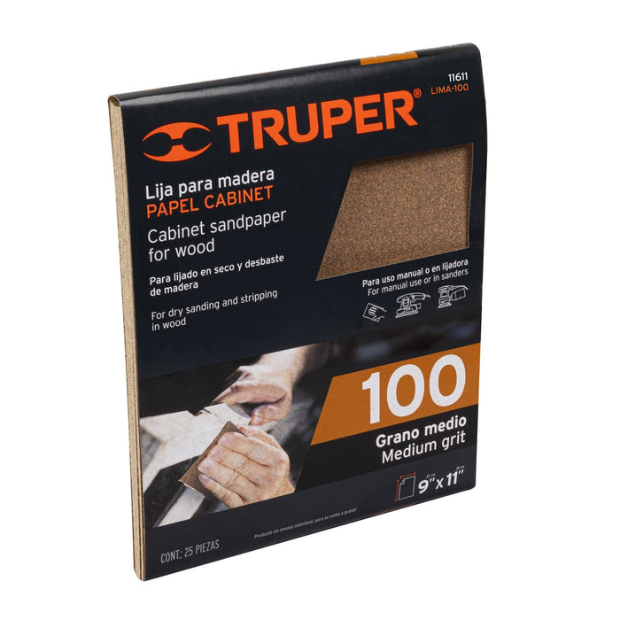 Lija para madera papel cabinet, grano 100, Truper 11611 LIMA-100
