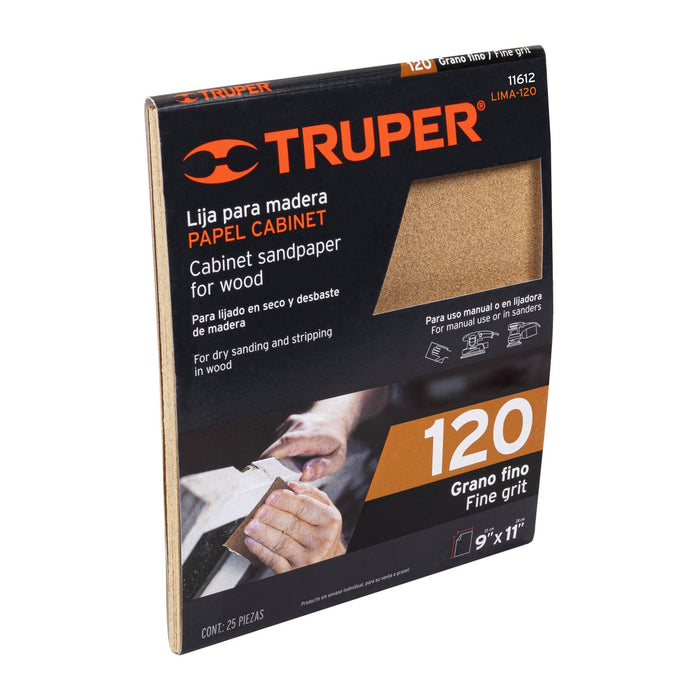 Lija para madera papel cabinet, grano 120, Truper 11612 LIMA-120